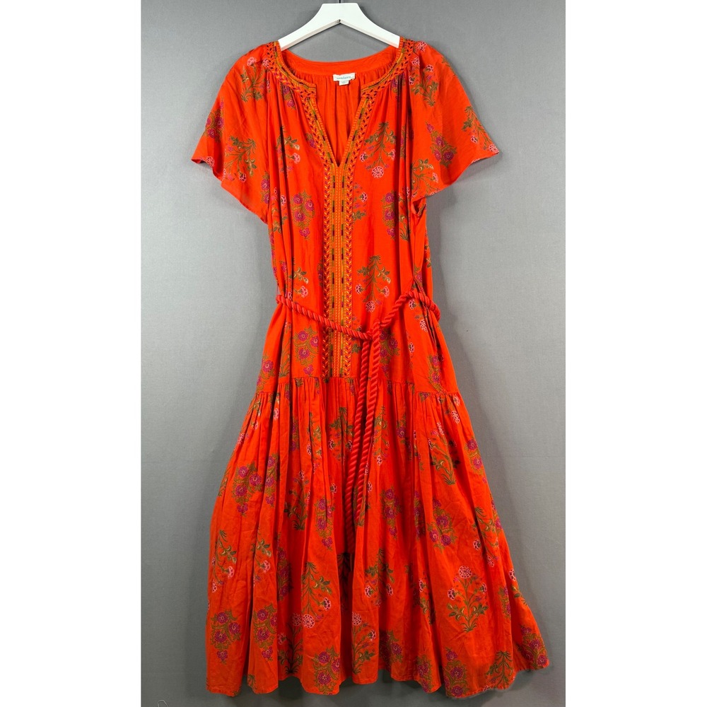 Sundance Maxi Dress Womens L Orange Floral Boho Tassel Belt Romantic Boho Fall